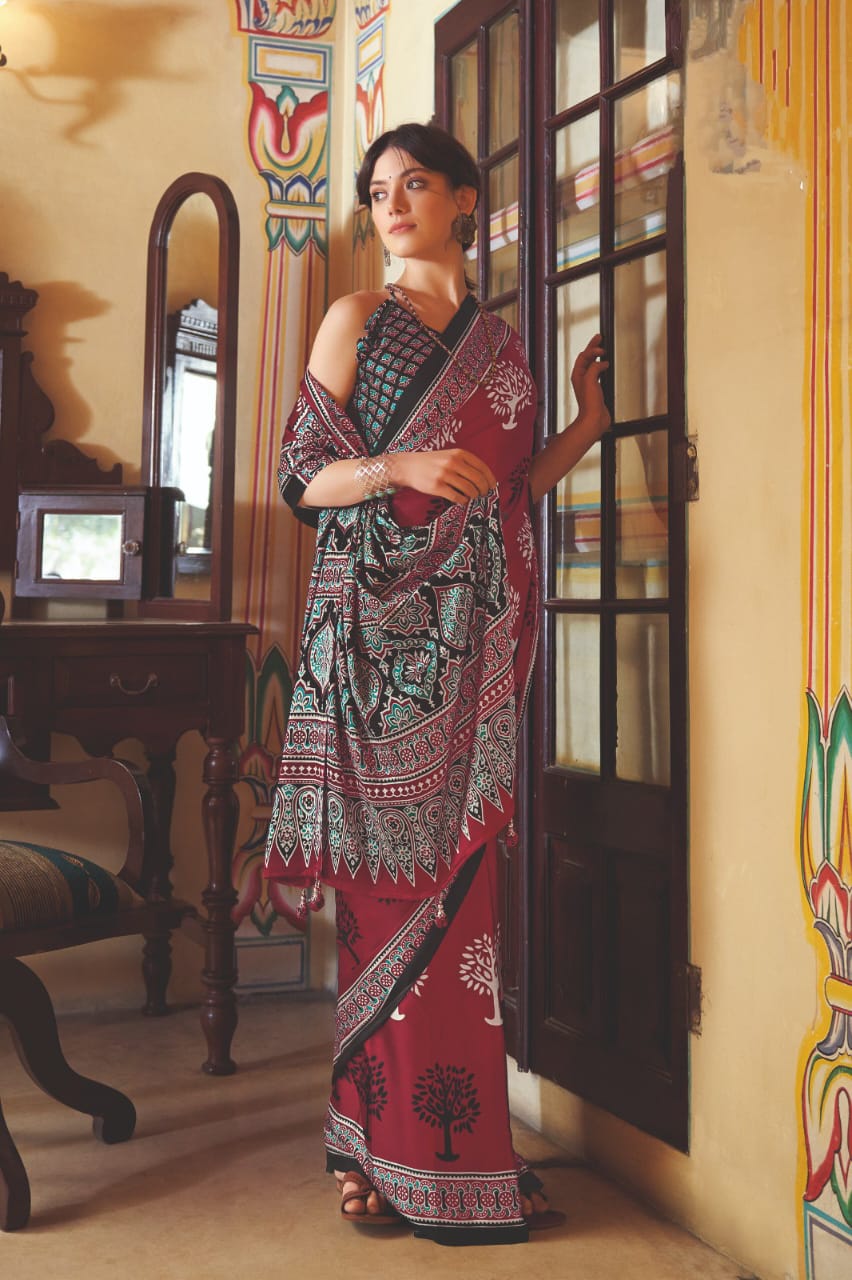 Modal Silk Ajrakh printed Silk Saree