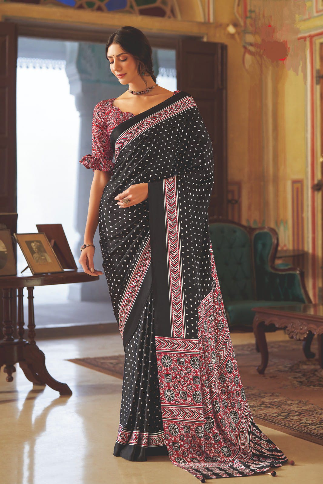 Designer Modal silk Black Saree with unstitches blouse