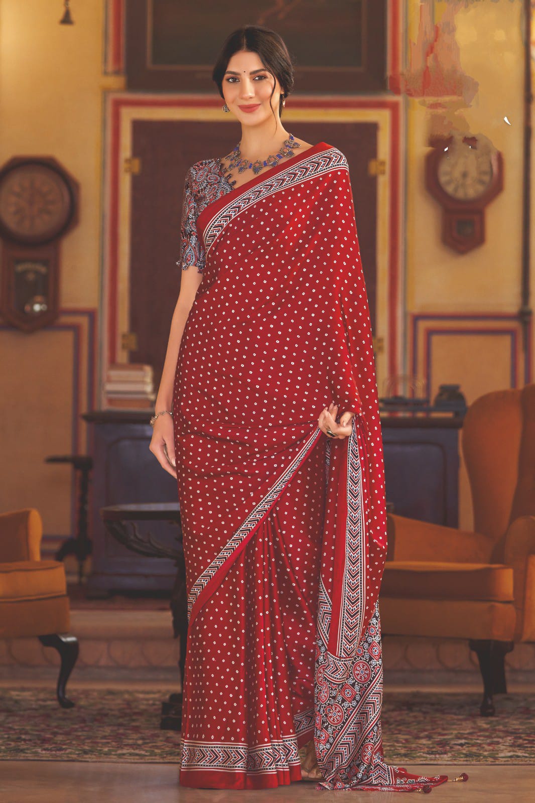Beautifull Modal Silk Red and Grey Saree
