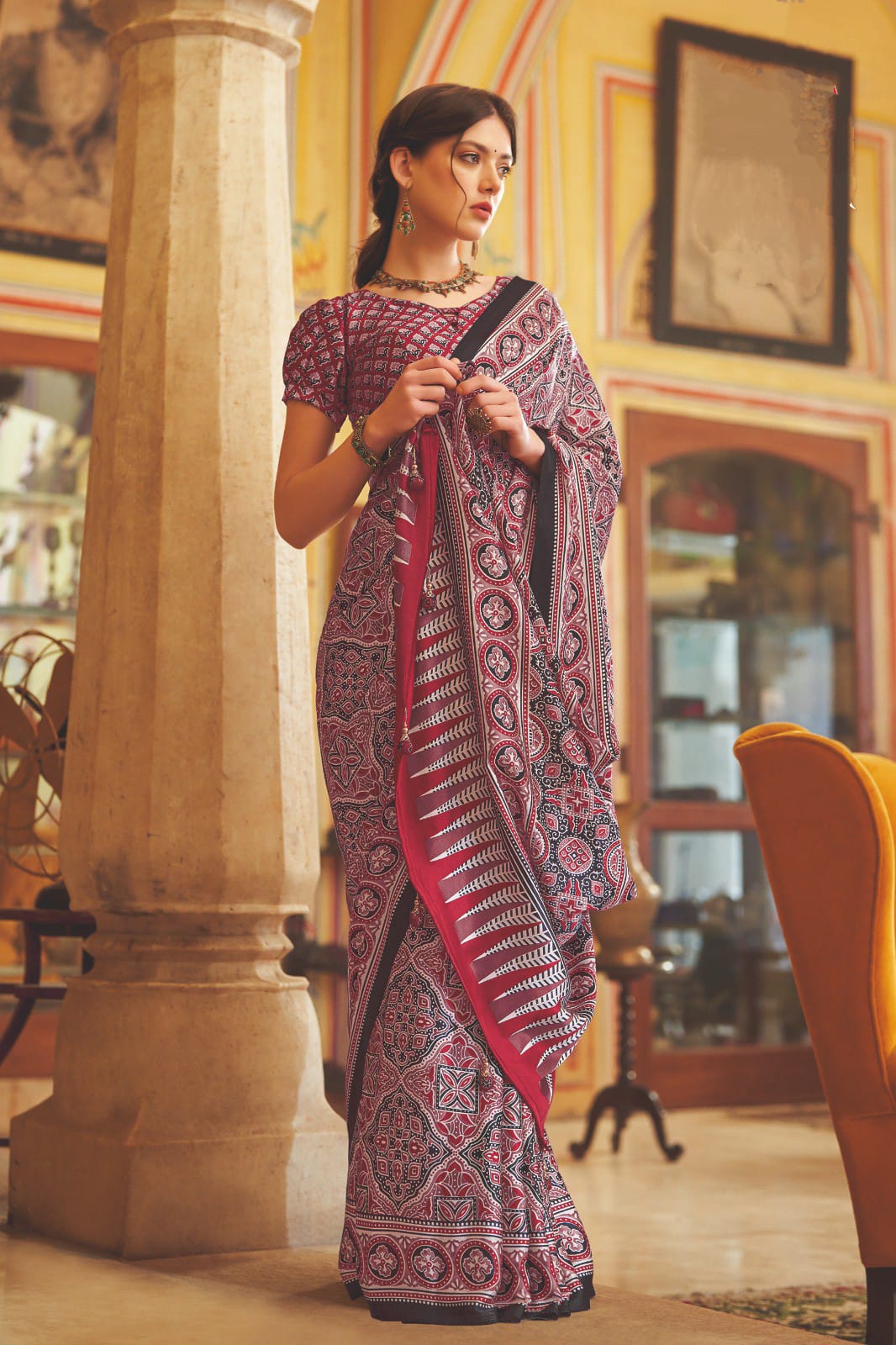 Chic Maroon Ajrakh Printed Satin Crepe Saree