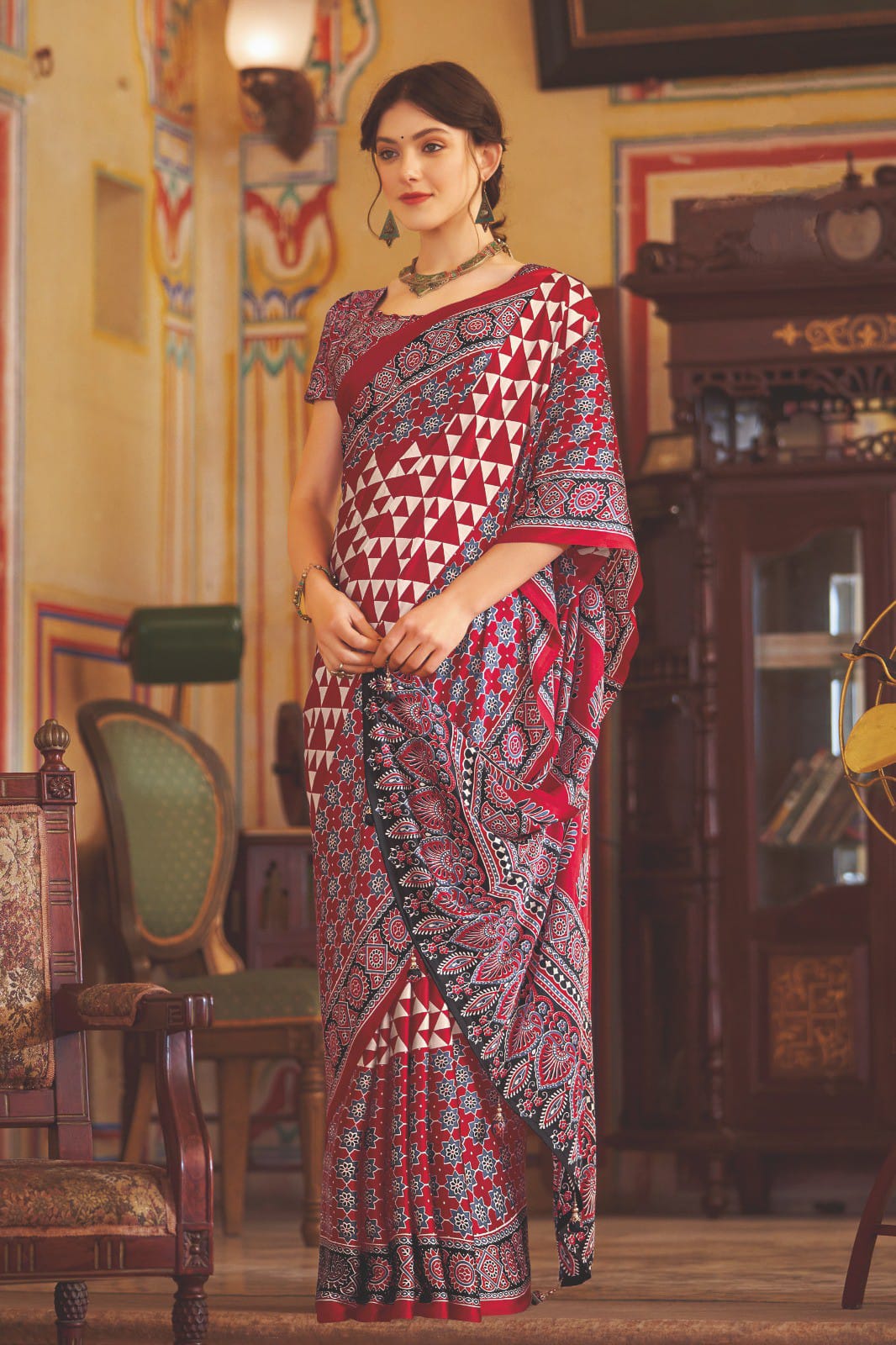 Crimson Red Ajrakh Printed Modal Silk Saree