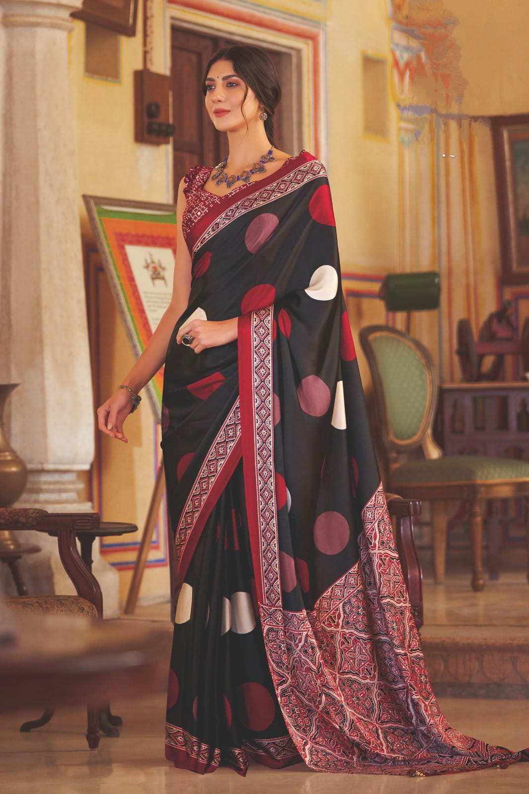 Black Polka Dot Pure Modal Silk Saree
