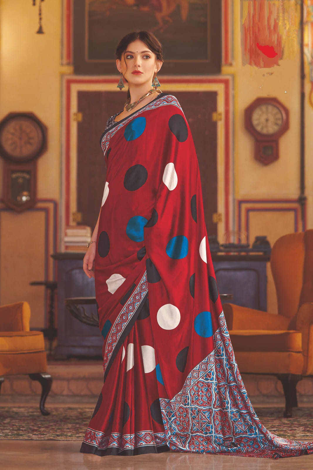 Red Polka Dotted Satin Crepe saree with beautiful combination of ajrakh