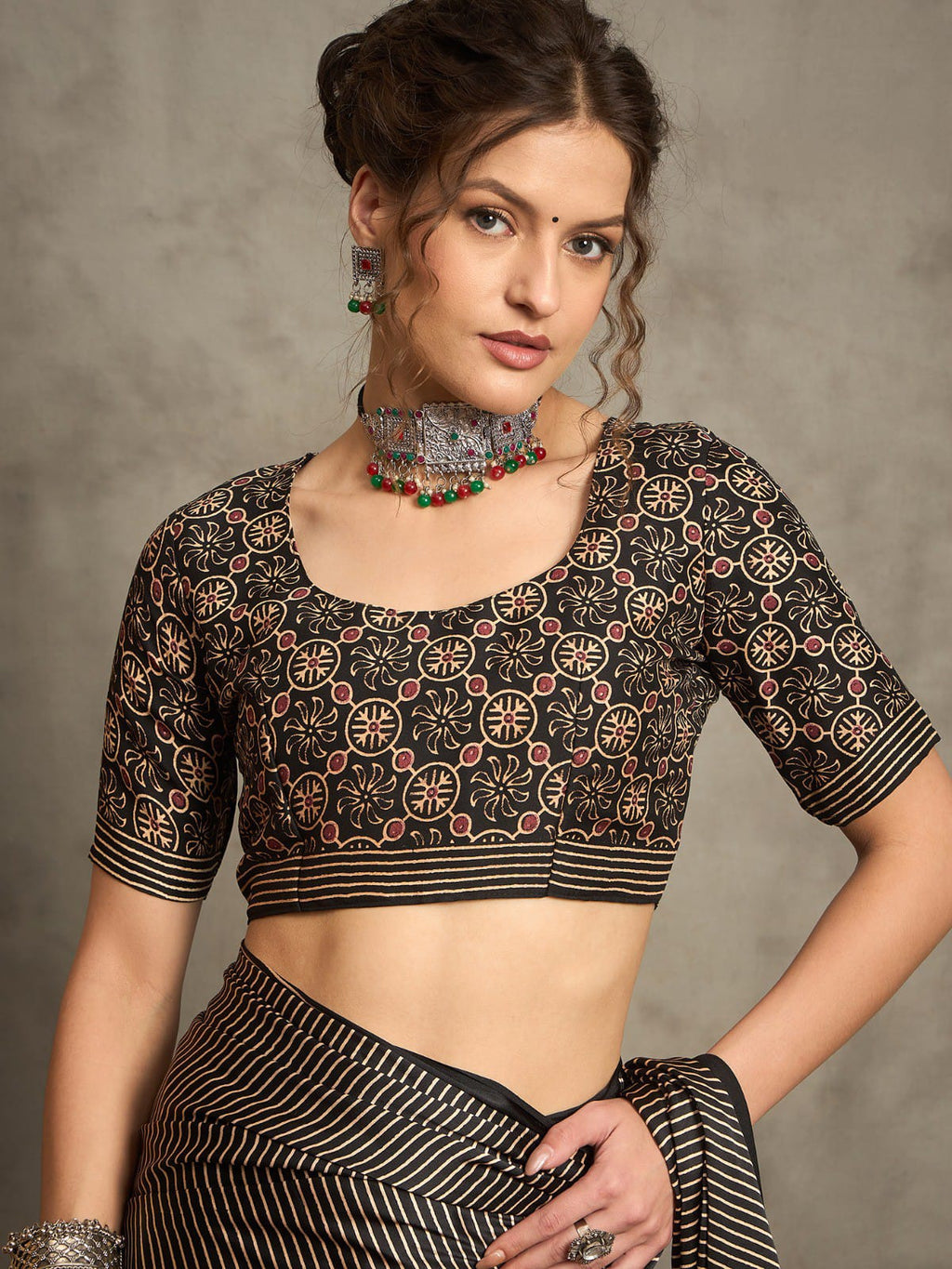 Ajrakh printed Black silk saree