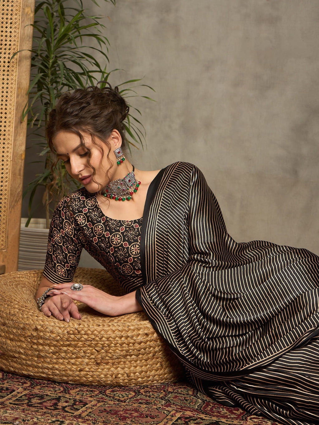 Ajrakh printed Black silk saree