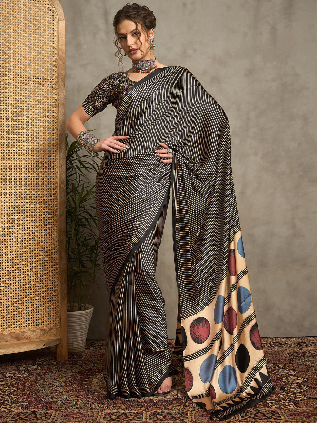 Ajrakh printed Black silk saree