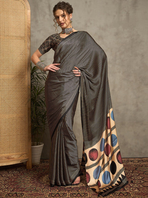 Ajrakh printed Black silk saree