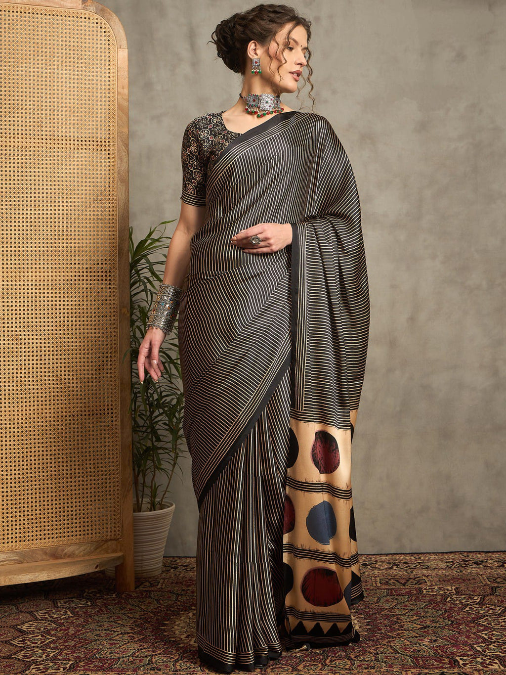 Ajrakh printed Black silk saree