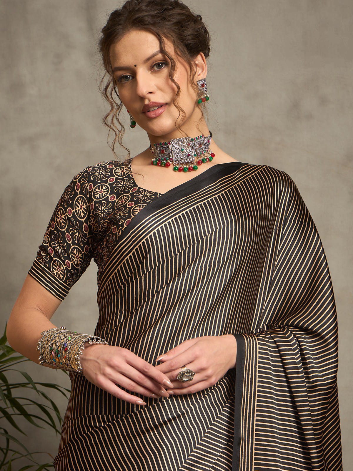 Ajrakh printed Black silk saree