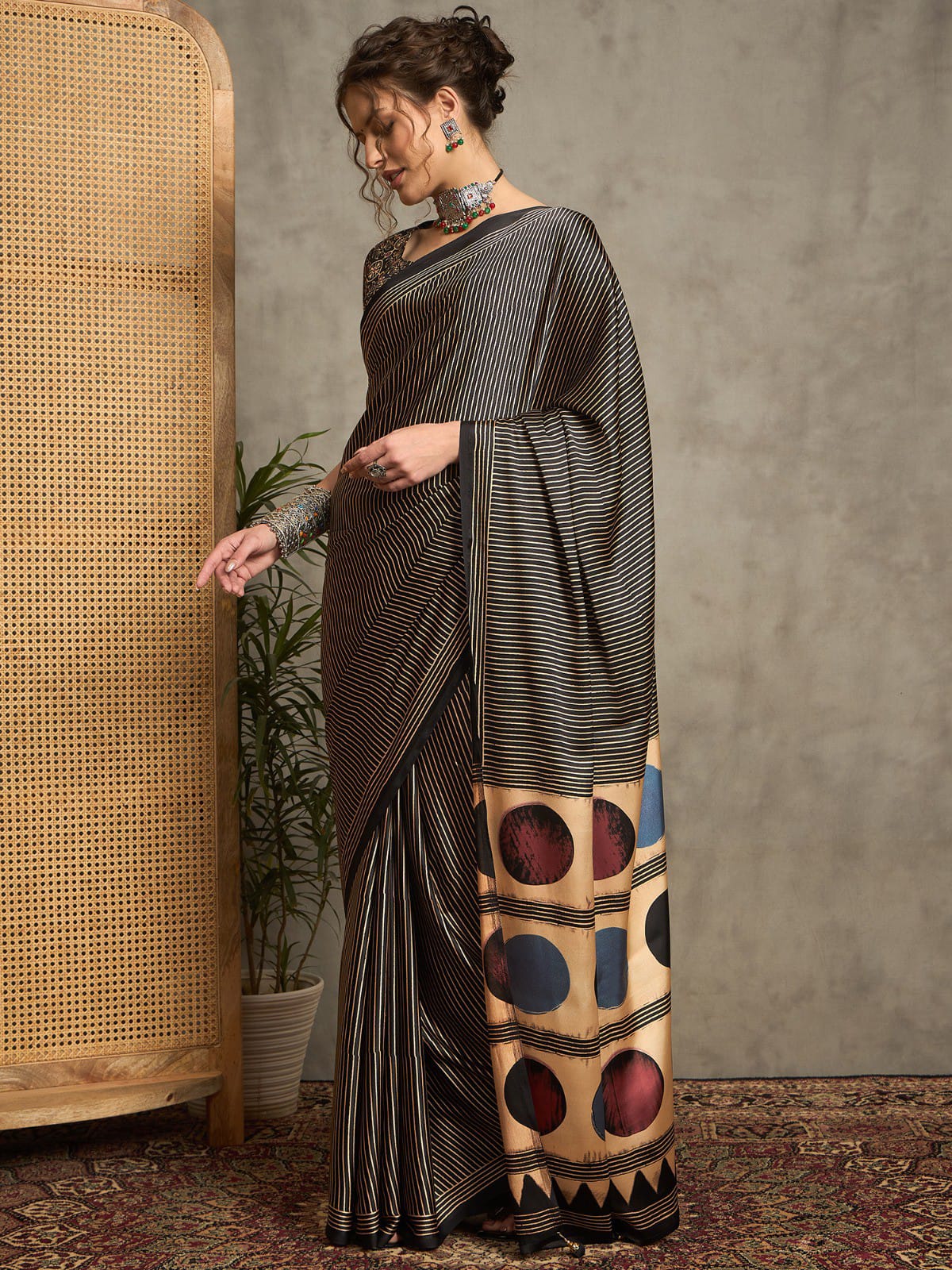 Ajrakh printed Black silk saree