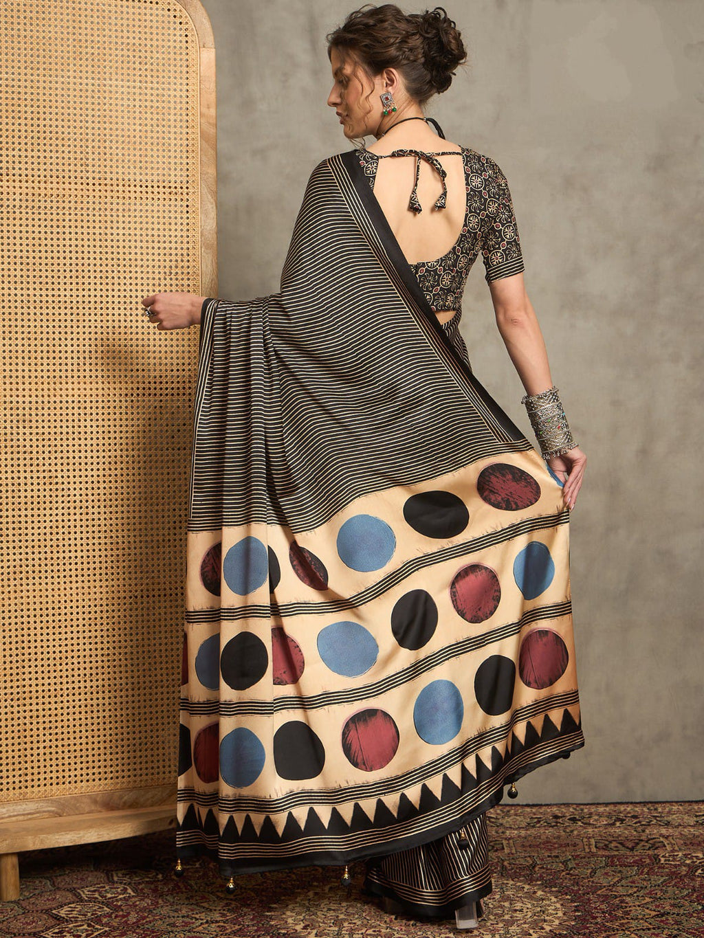 Ajrakh printed Black silk saree