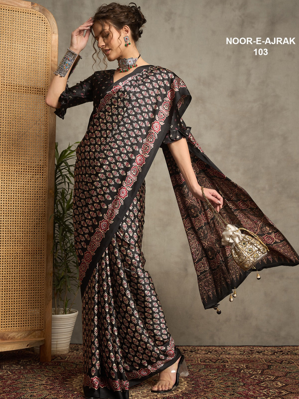 Black Ajrakh Modal Silk Sarree