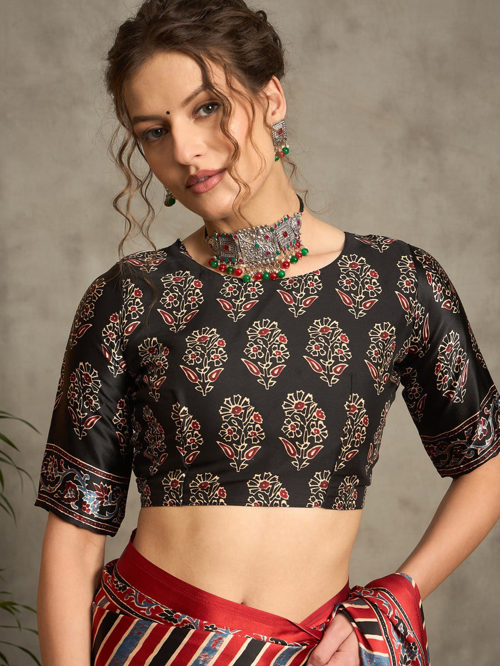 Striped Pattern Ajrakh Printed Silk Saree