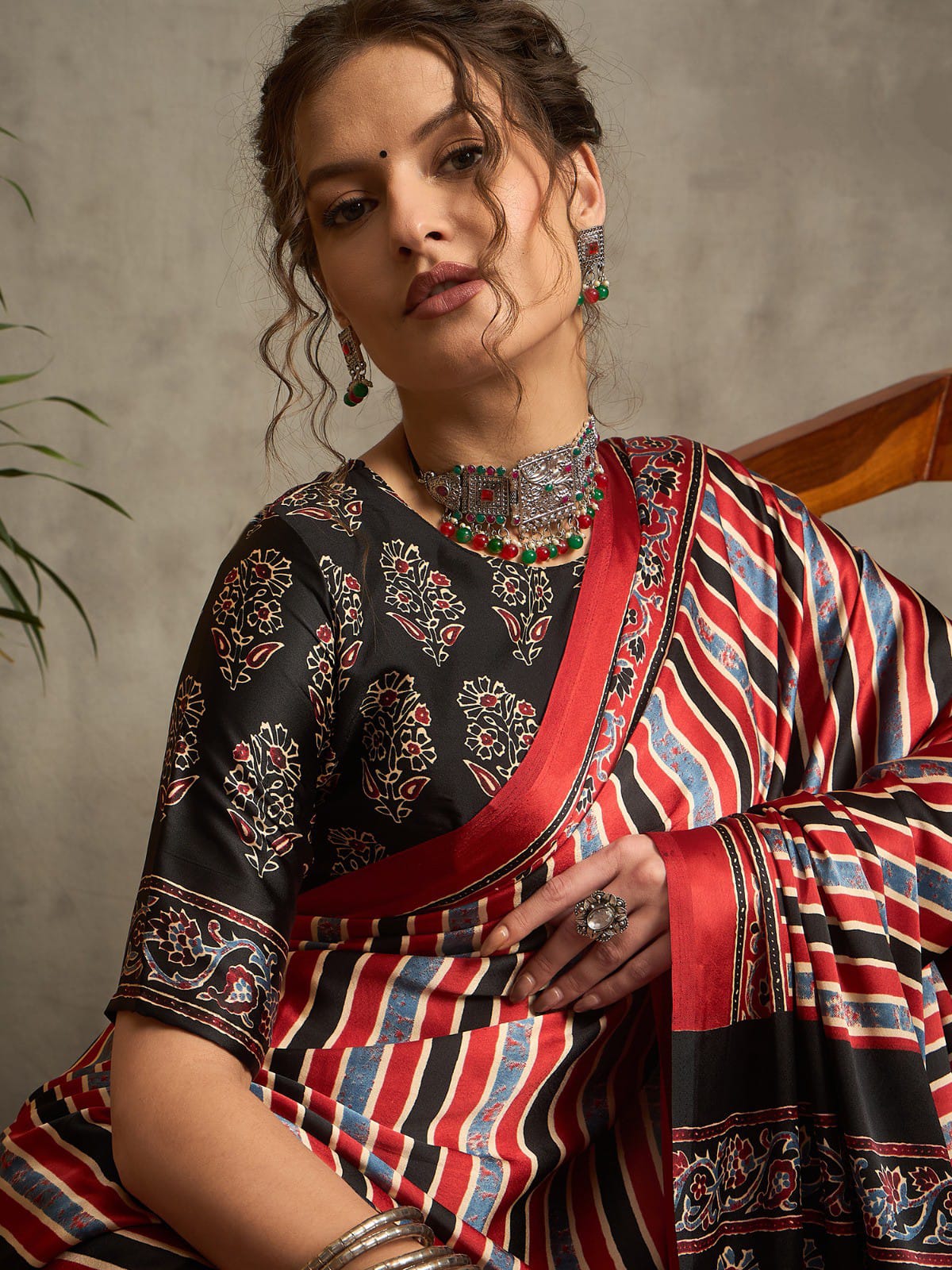 Striped Pattern Ajrakh Printed Silk Saree