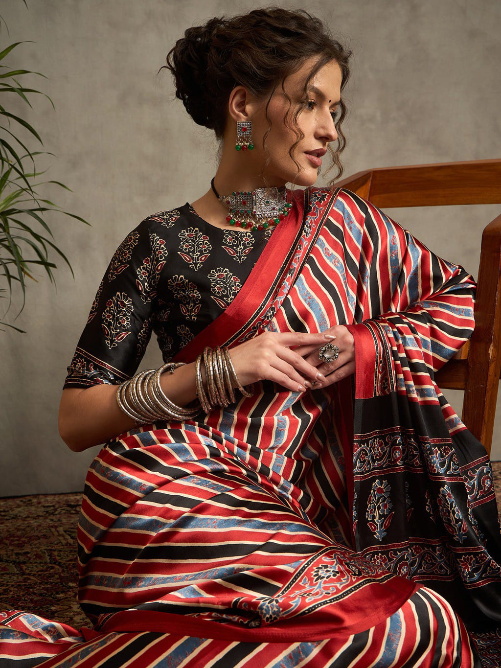 Striped Pattern Ajrakh Printed Silk Saree