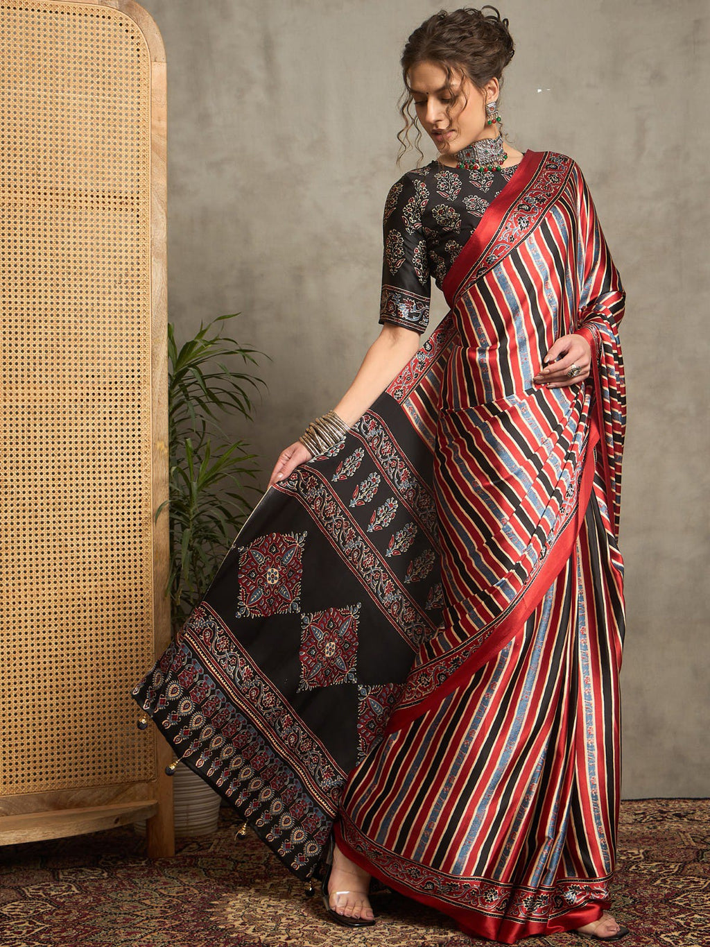 Striped Pattern Ajrakh Printed Silk Saree