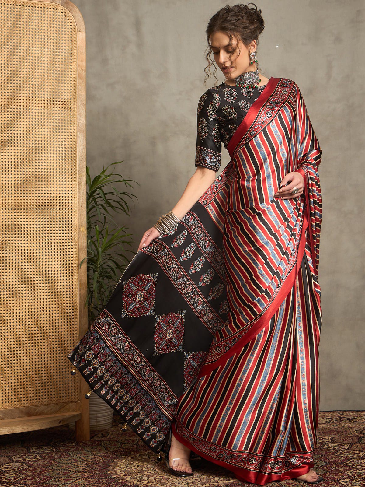Striped Pattern Ajrakh Printed Silk Saree
