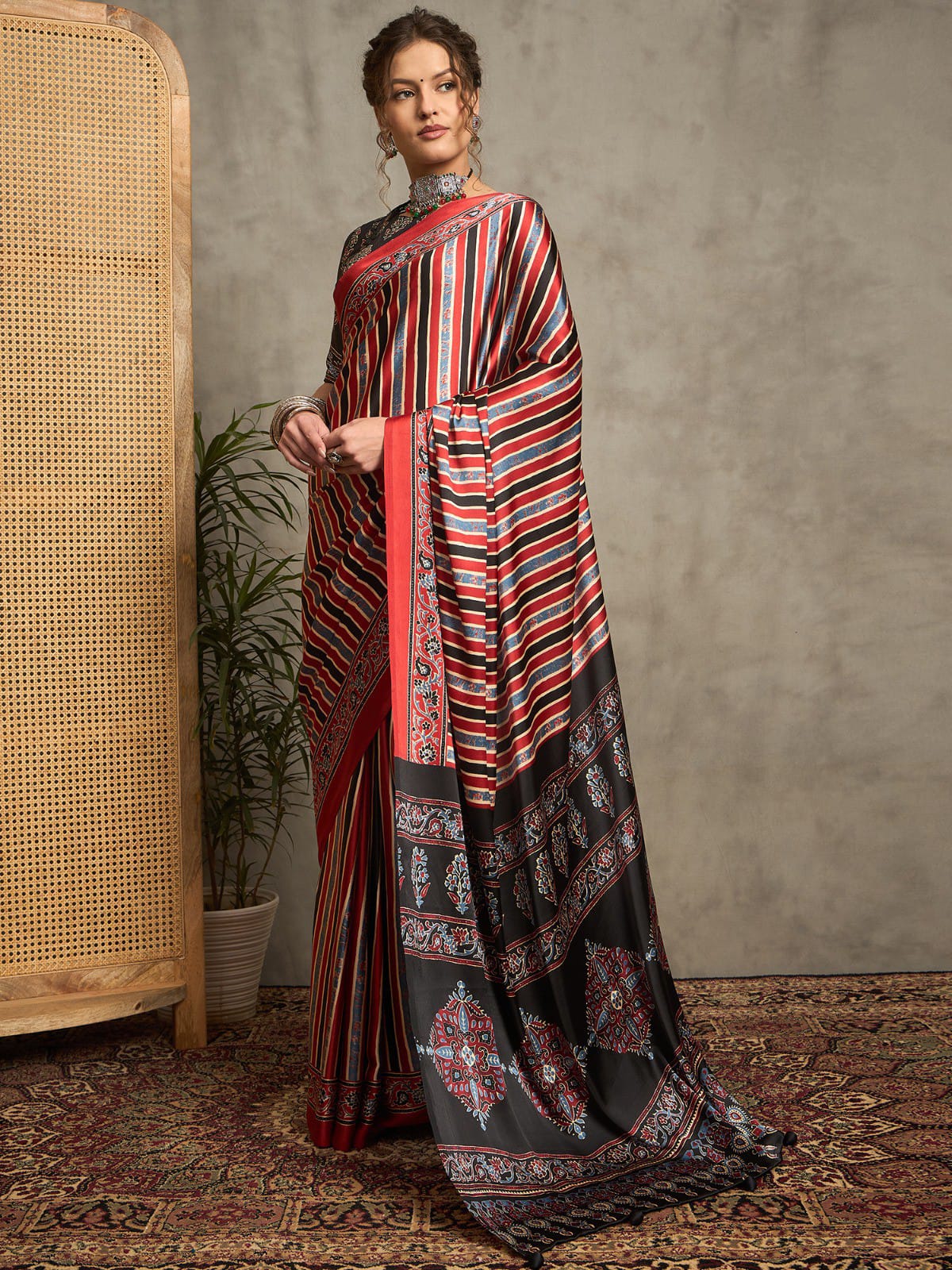 Striped Pattern Ajrakh Printed Silk Saree