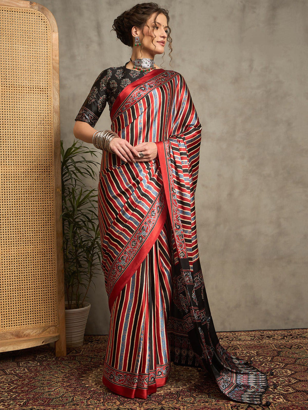 Striped Pattern Ajrakh Printed Silk Saree