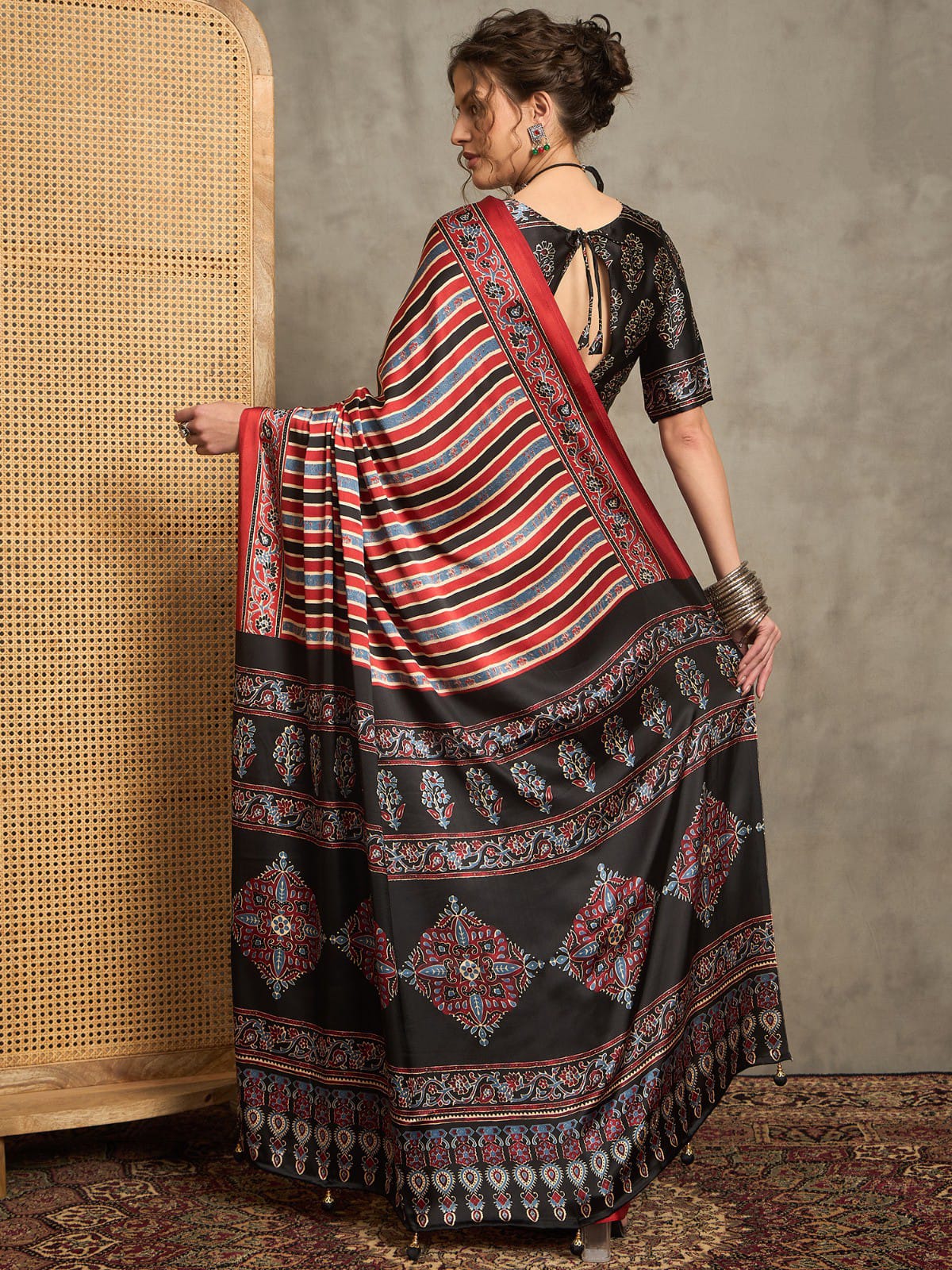 Striped Pattern Ajrakh Printed Silk Saree