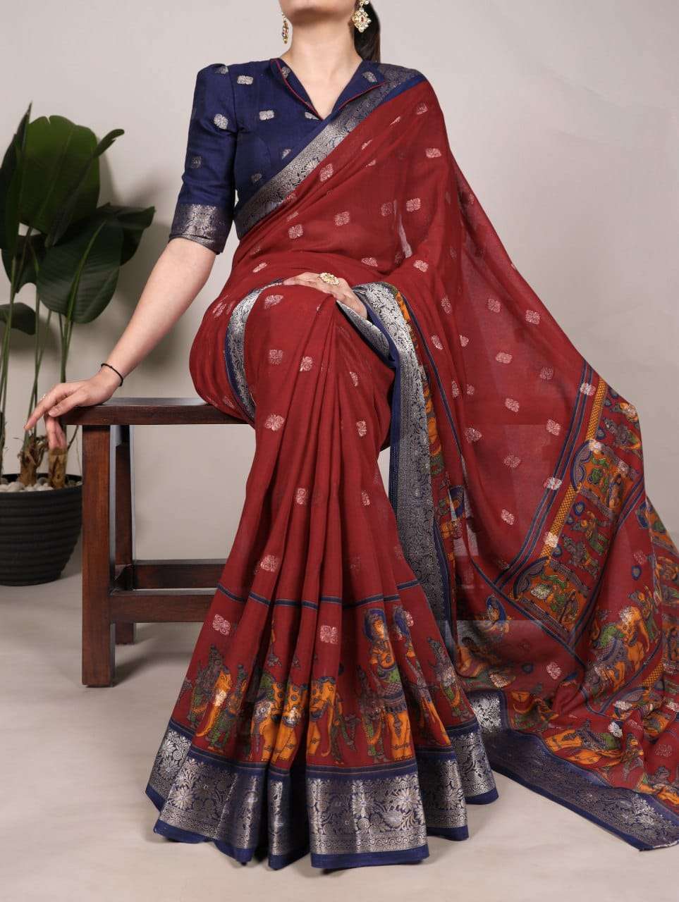 Cotton Maroon Saree with Navy Blue Zari Border
