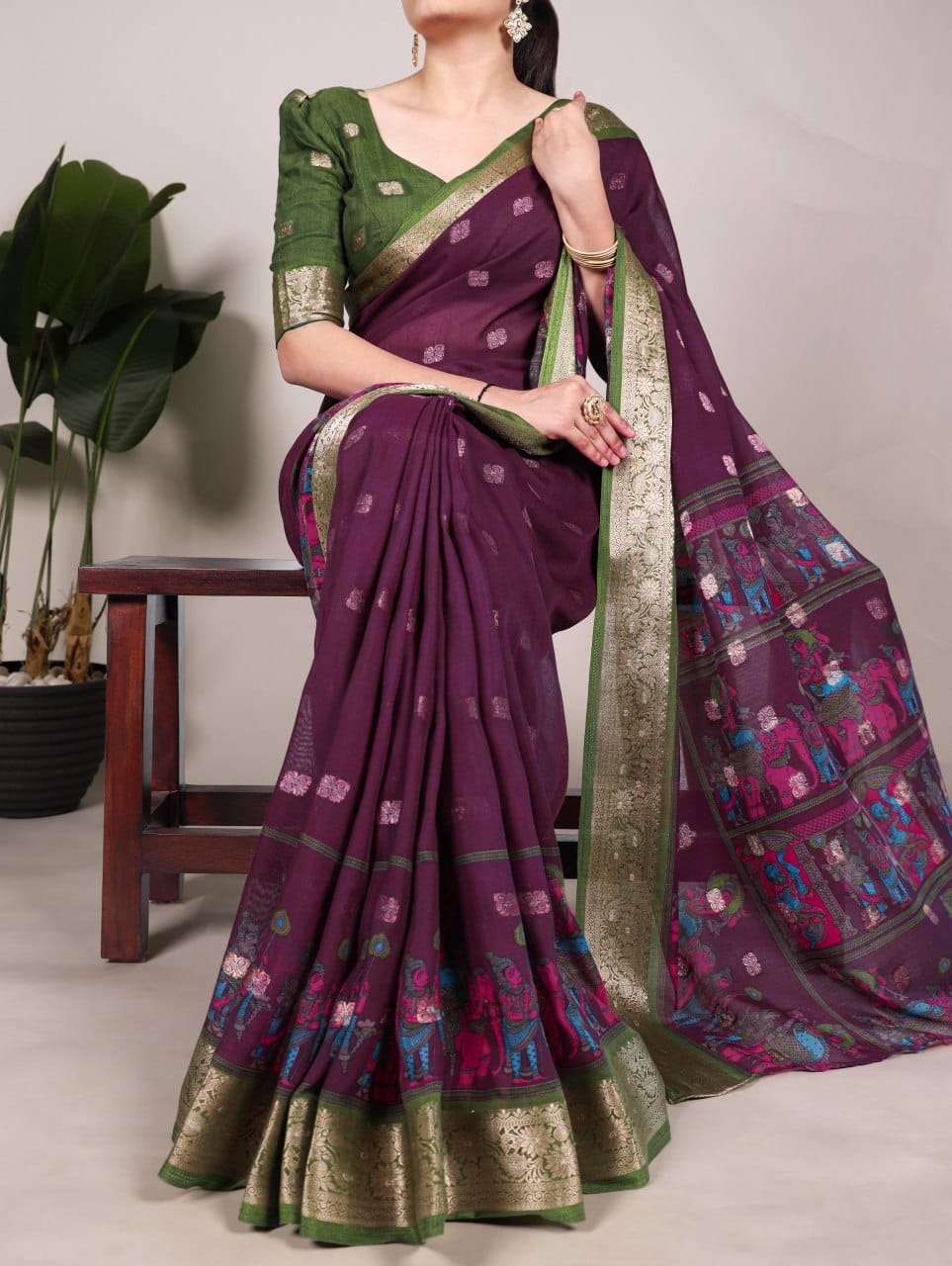 Wine cotton kalamkari printed saree with Weaving work