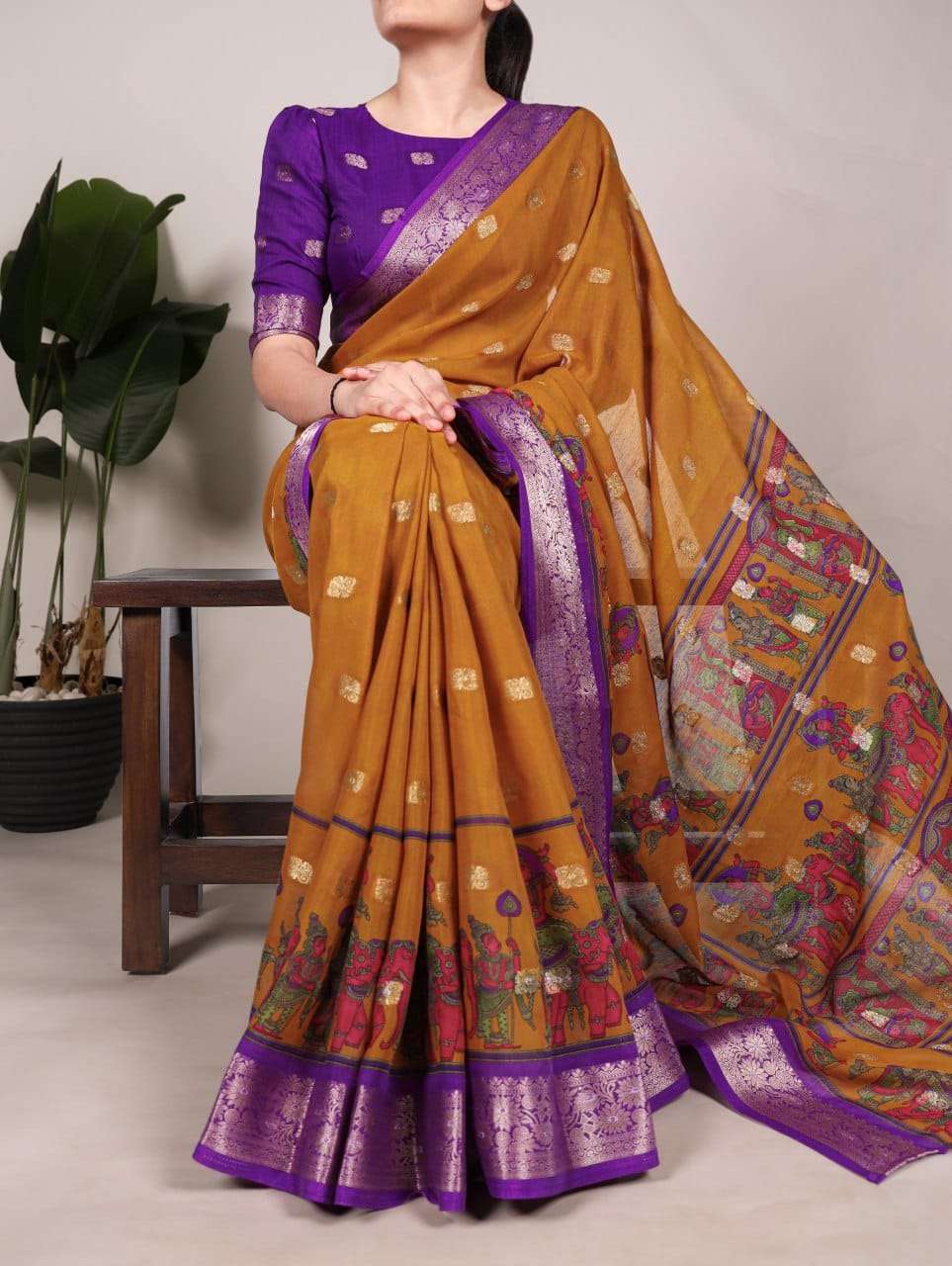 Mustard Yellow Kalamkari Print  Cotton Saree